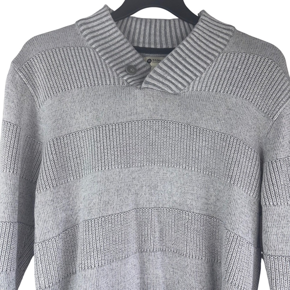 Haggar Mens Striped Knit Sweater Pullover Cotton Gray XL Classic Casual Business
